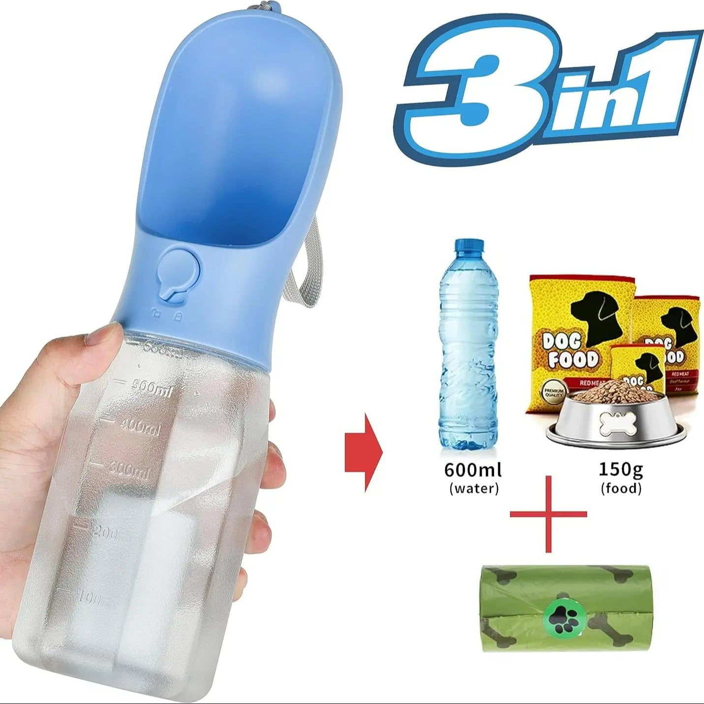 Multi-Functional Pet Water Bottle with Food Compartment - Portable Dog Drinking Fountain for Outdoor Activities and Travel