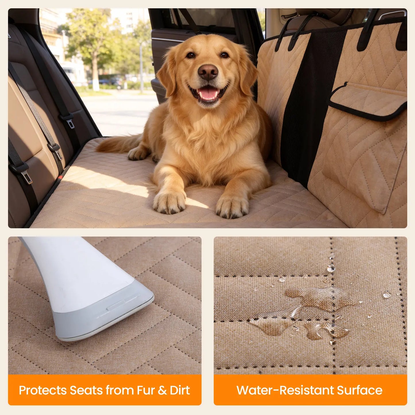 VALUXE Waterproof Dog Car Seat Cover for Large Dogs - Foldable Full-Cover Back Seat Protector in Beige and Black