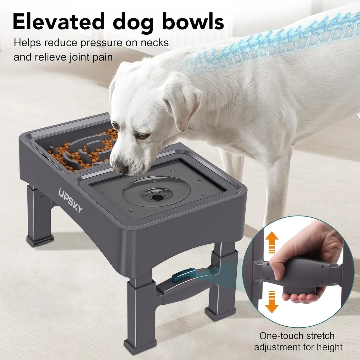 UPSKY 2-in-1 Adjustable Elevated Dog Bowls with Slow Feeder Design - Anti-Spill, Non-Slip Food and Water Bowls for Small to Medium Dogs