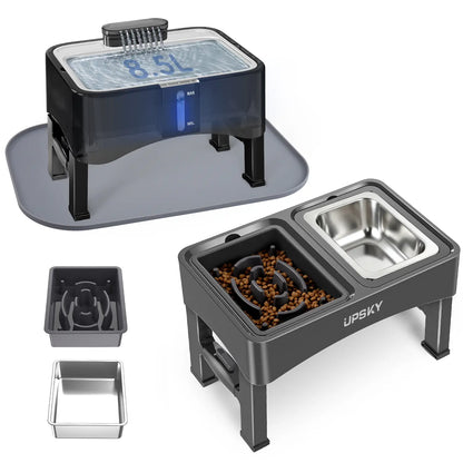 UPSKY 2-in-1 Adjustable Elevated Dog Bowls with Slow Feeder Design - Anti-Spill, Non-Slip Food and Water Bowls for Small to Medium Dogs