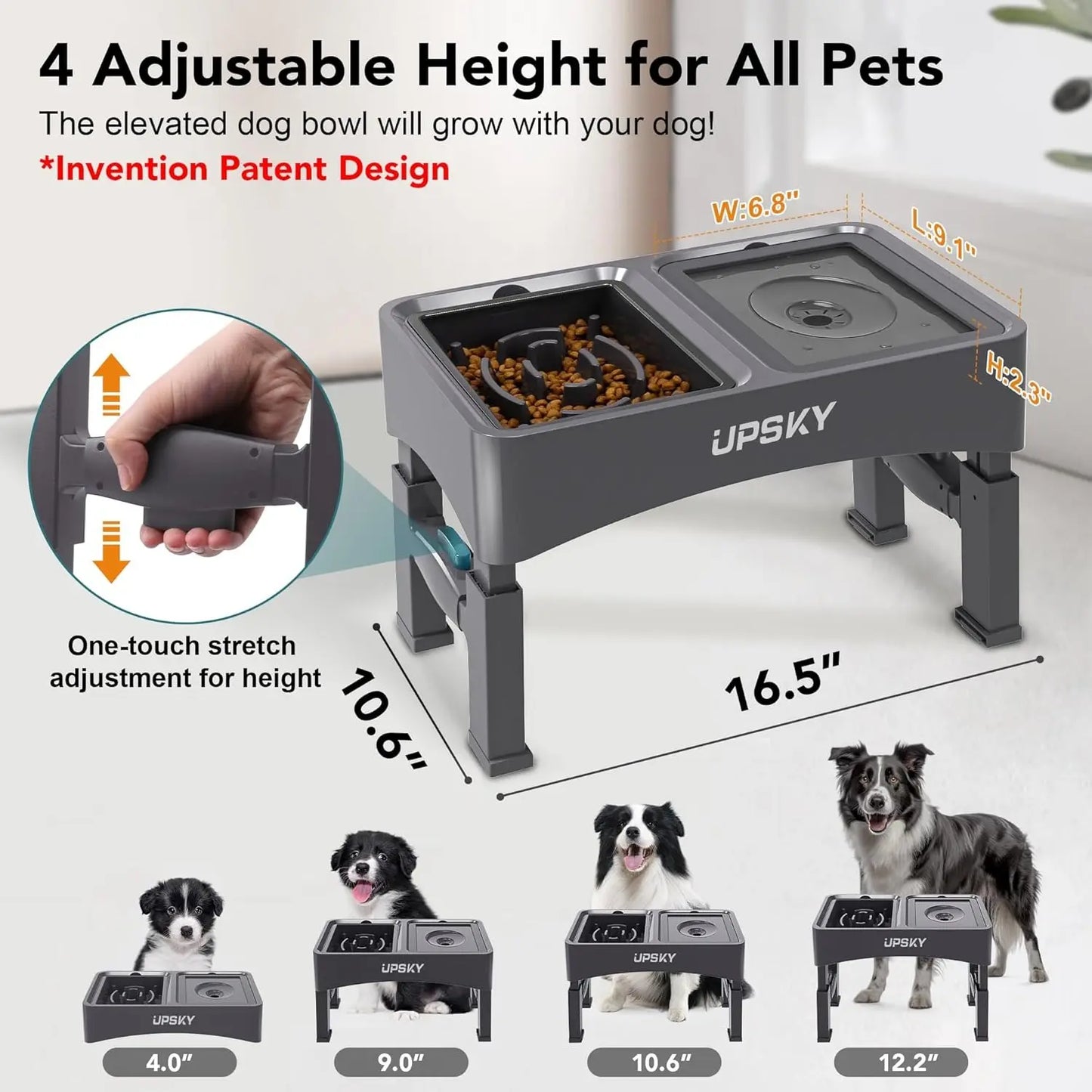 UPSKY 2-in-1 Adjustable Elevated Dog Bowls with Slow Feeder Design - Anti-Spill, Non-Slip Food and Water Bowls for Small to Medium Dogs