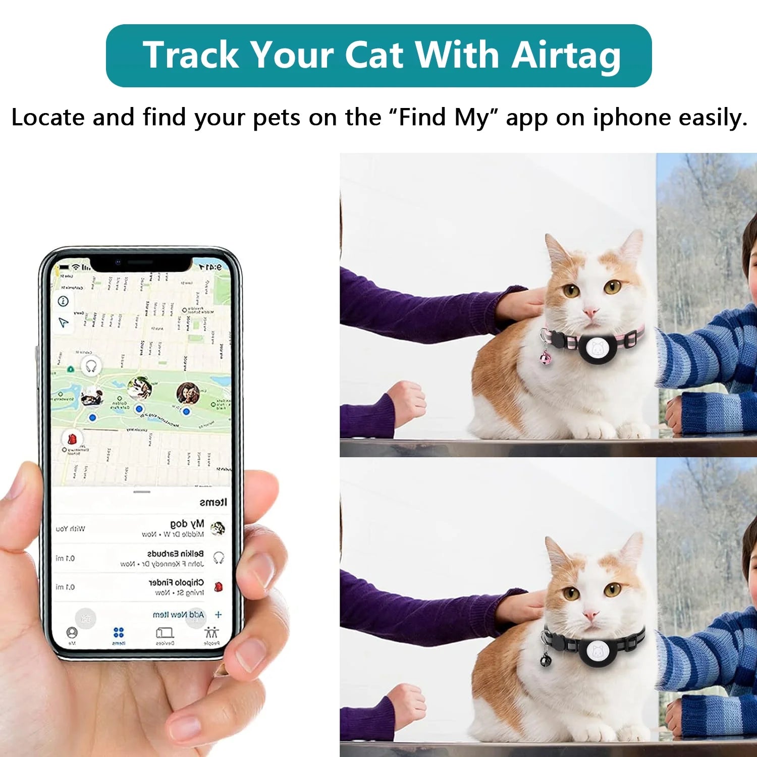 2-Pack Breakaway Airtag Cat Collar with Reflective Strap, Airtag Case, and Bell for Cats, Kittens, and Extra Small Dogs - Black