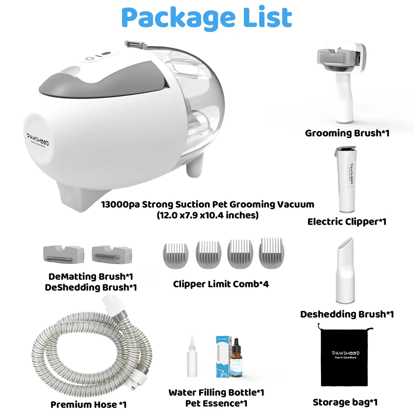 Pawimood 5-in-1 Professional Pet Grooming Vacuum with 13000PA Suction Power, 2L Dust Cup, and Comprehensive Shedding Grooming Kit