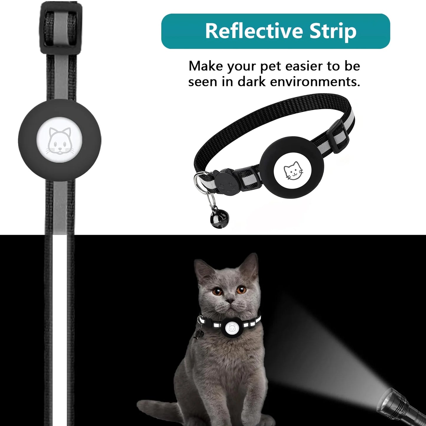 2-Pack Breakaway Airtag Cat Collar with Reflective Strap, Airtag Case, and Bell for Cats, Kittens, and Extra Small Dogs - Black