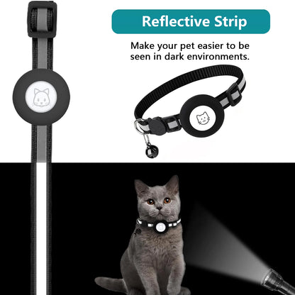 2-Pack Breakaway Airtag Cat Collar with Reflective Strap, Airtag Case, and Bell for Cats, Kittens, and Extra Small Dogs - Black