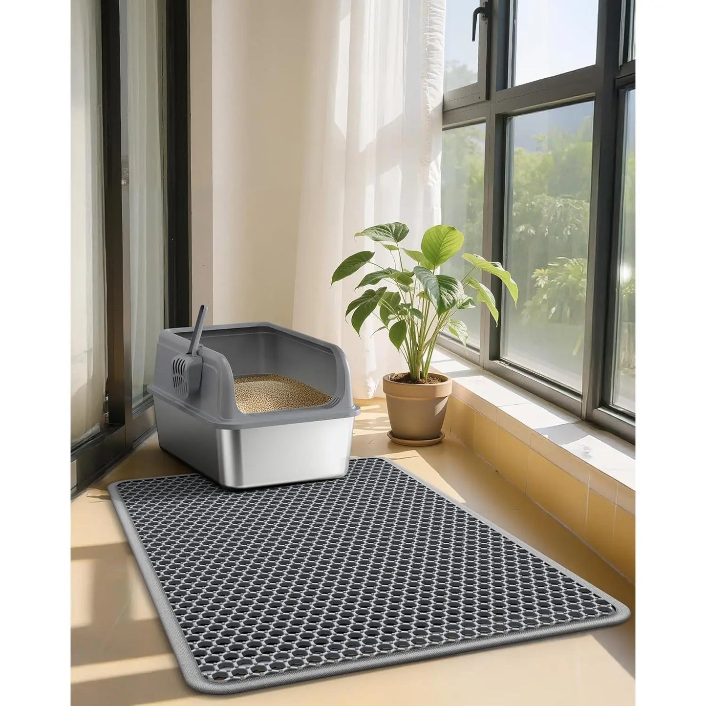 Ultra-Large 30" x 22" Cat Litter Mat - Double-Layered, Urine-Proof, Non-Slip Design for Effective Litter Trapping and Easy Cleaning, Grey