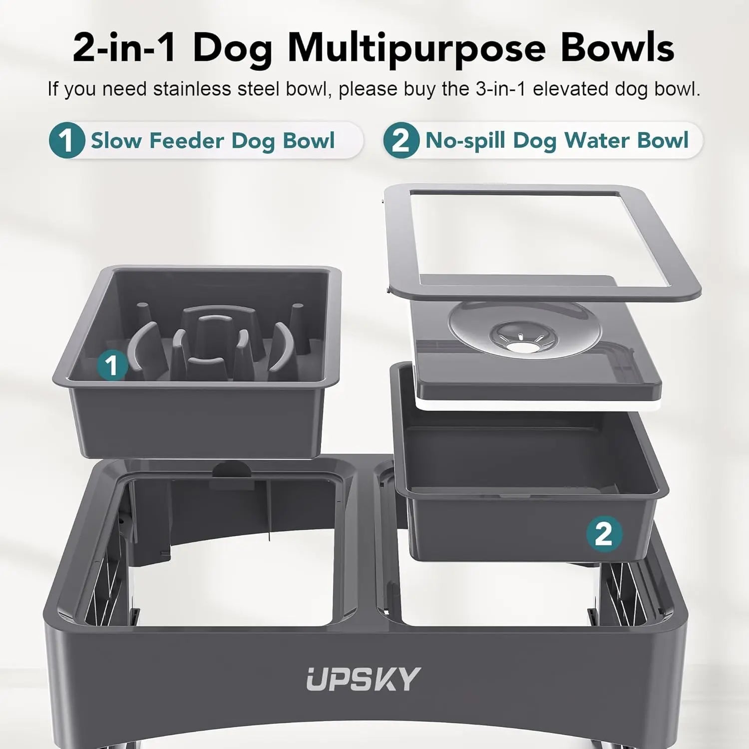 UPSKY 2-in-1 Adjustable Elevated Dog Bowls with Slow Feeder Design - Anti-Spill, Non-Slip Food and Water Bowls for Small to Medium Dogs
