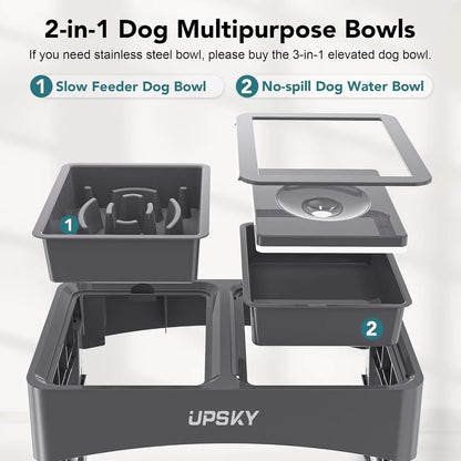 UPSKY 2-in-1 Adjustable Elevated Dog Bowls with Slow Feeder Design - Anti-Spill, Non-Slip Food and Water Bowls for Small to Medium Dogs