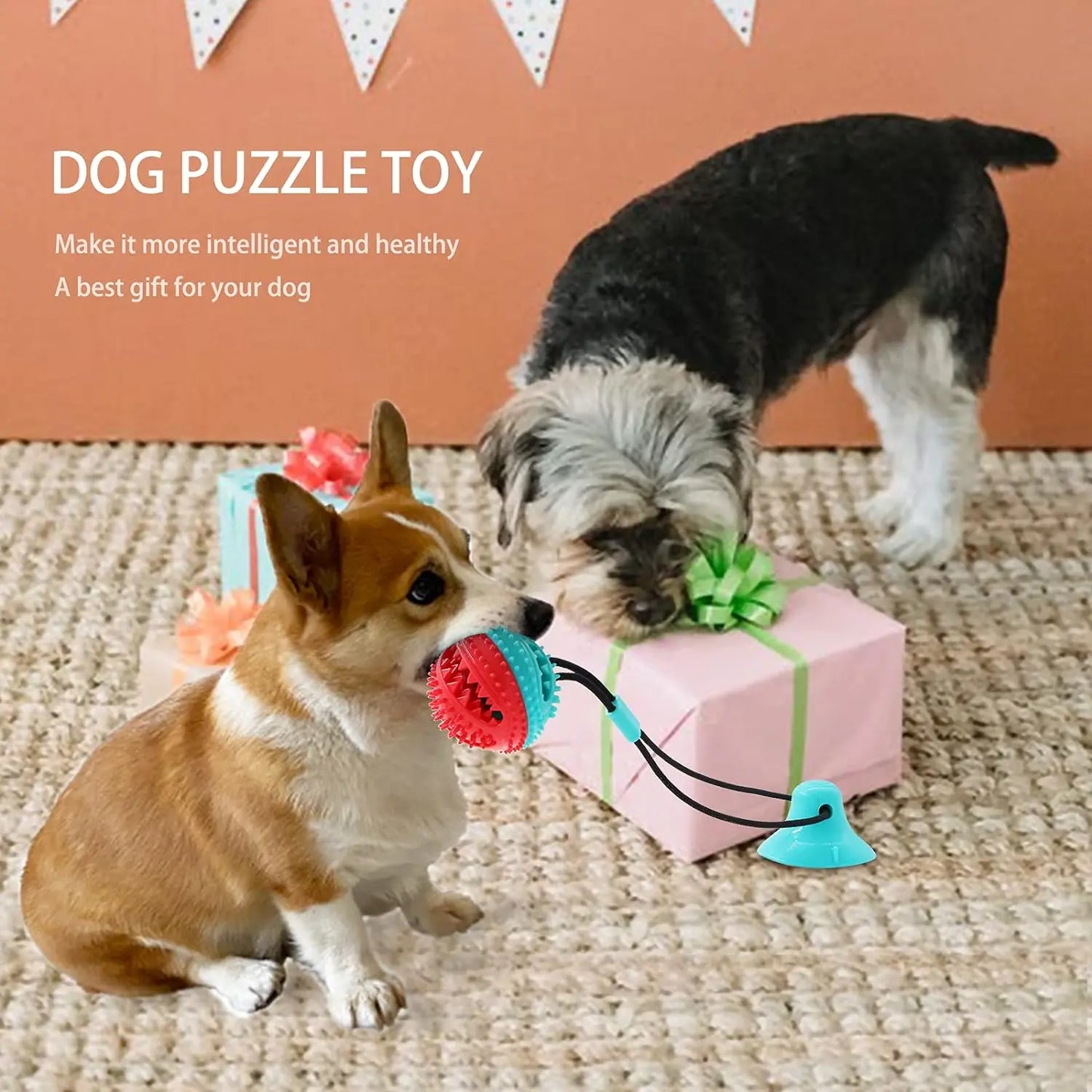 Durable Dog Teething and Chew Toy with Interactive Puzzle Treat Dispenser for Teeth Cleaning and Playtime