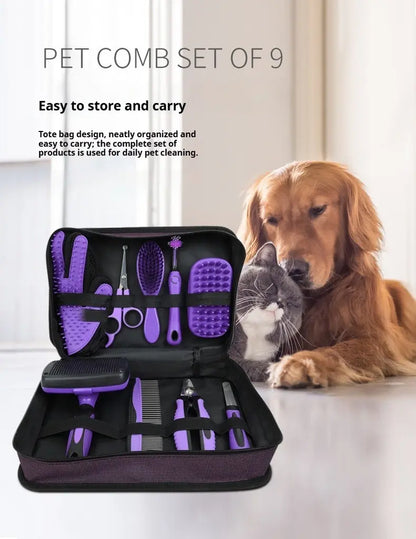 Comprehensive Pet Grooming Kit for Dogs and Cats – 9 Professional Tools Including Bathing Massage Brush, Nail Clipper, Slicker Brush, Scissors, Toothbrush, and More