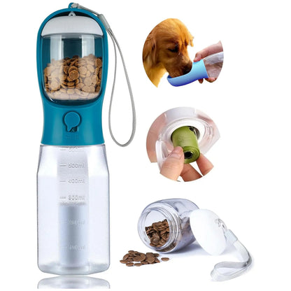 Multi-Functional Pet Water Bottle with Food Compartment - Portable Dog Drinking Fountain for Outdoor Activities and Travel