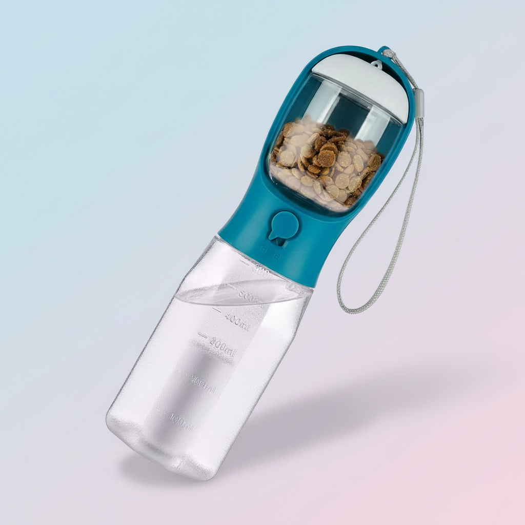 Pet Water Bottle with Integrated Food Storage - Portable Dog Drinking Fountain