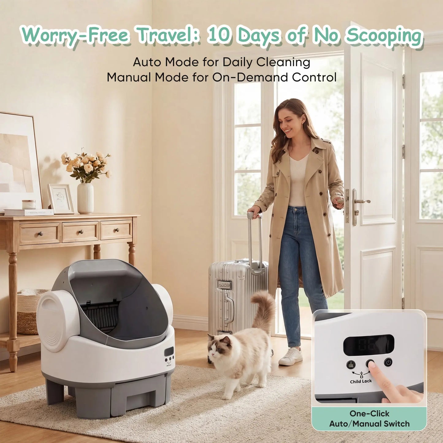 Warcat Next-Generation Automatic Open-Top Cat Litter Box with Simplified Self-Cleaning Features and Reliable Safety Sensors, App-Free Design for User Convenience